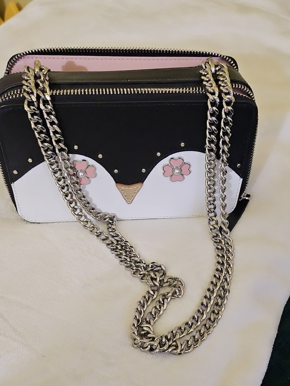 Black, White & Pink Penguin Accent Crossbody Bag